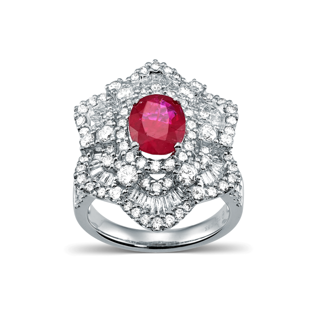 Unique Ruby Ring with Diamonds in White Gold K18