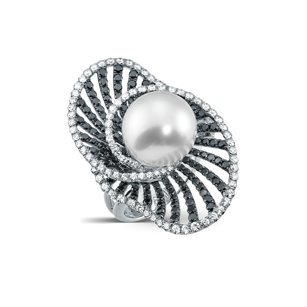 Unique Pearl Ring with Black and White Diamonds