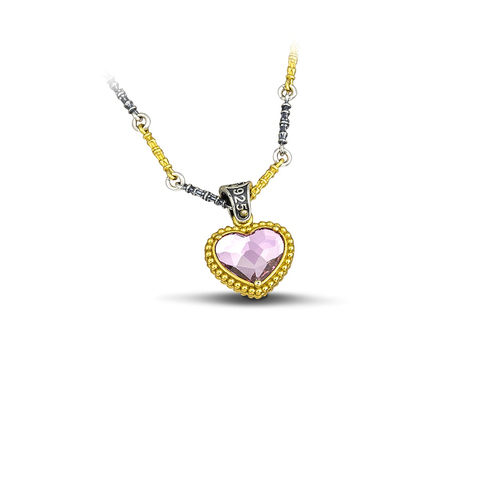Pendant Heart with Tricolor Chain, Reversible And Crystals