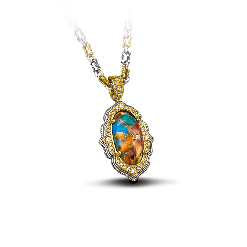 Pendant with Mosaic Stone & Tricolor Chain